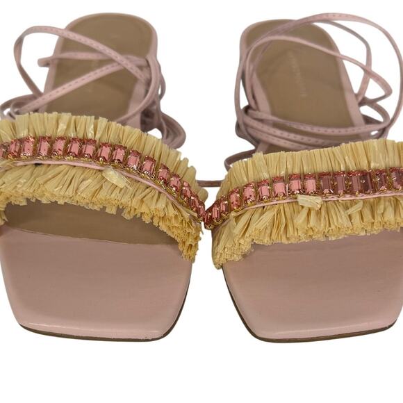 Anthropologie Embellished Tie Up Pink/Rose Raffia Square Toe Sandals New in Box - Picture 4 of 12